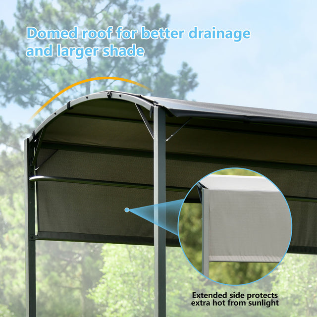 TOPMAX Outdoor 7Ft.Wx4.5Ft.L Iron Double Tiered Backyard Patio BBQ Grill Gazebo with Side Awning, Bar Counters and Hooks, Gray