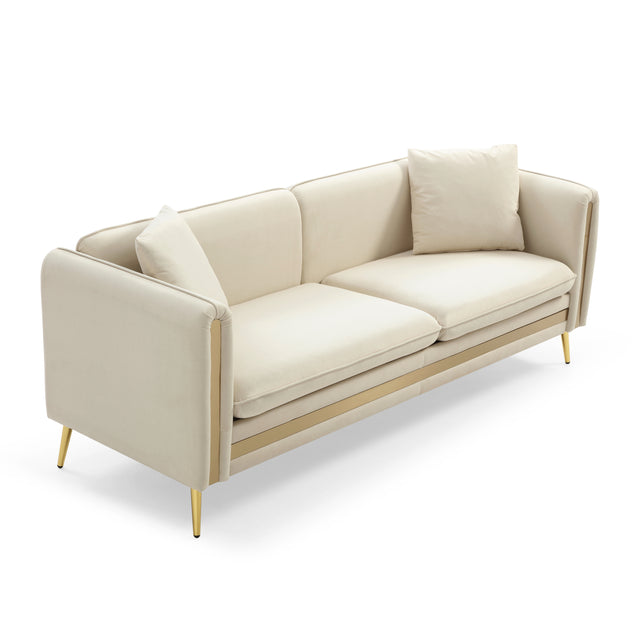 77.2” Modern Upholstered Velvet Sofa 3 Seater Couch with Removable Cushions Side Pocket Mid-Century Tufted Living Room Set Gold Metal Legs,2 Pillows Included,Beige