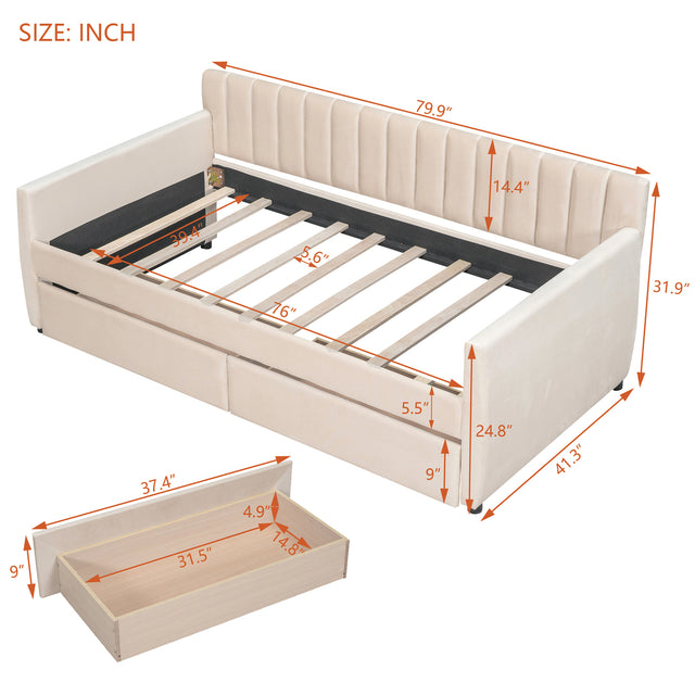 Twin Size Upholstered daybed with Drawers, Wood Slat Support, Beige