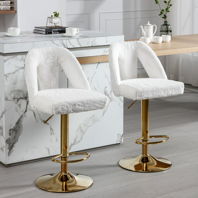 Golden Swivel Velvet Barstools Adjusatble Seat Height from 25-33 Inch, Modern Bar Stool & Counter Stools with Nailheads for Home Pub and Kitchen Island,Set of 2, Faux White Rabbit Hair