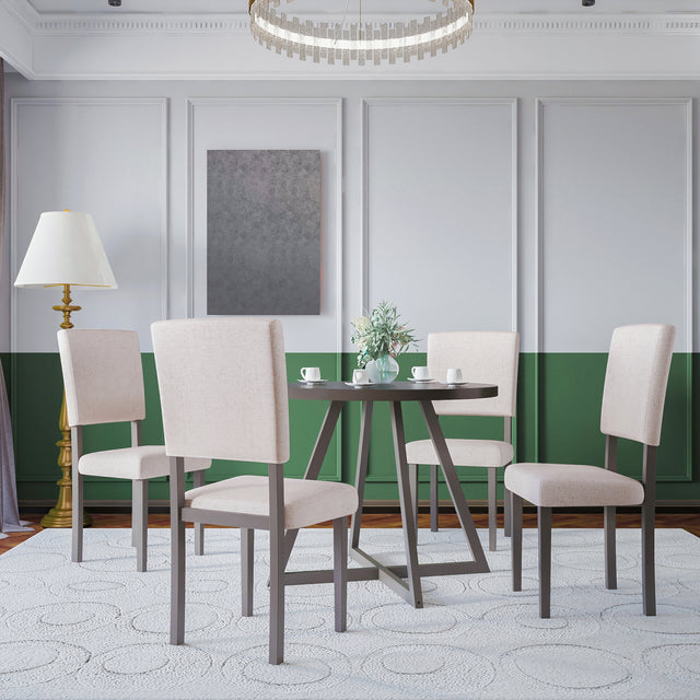 TOPMAX Mid-Century Wood  5-Piece Kitchen Dining Table Set with Round Table, 4 Upholstered Dining Chairs for Small Places, Gray Table + Beige Chair