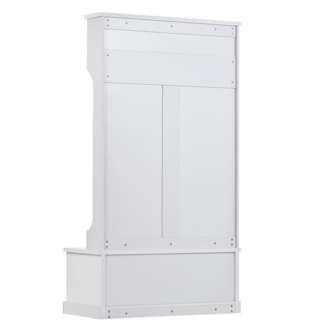 ON-TREND Hall Tree Entryway Bench with Shelves Cabinet and Four Hooks, 3-in-1 Design, White