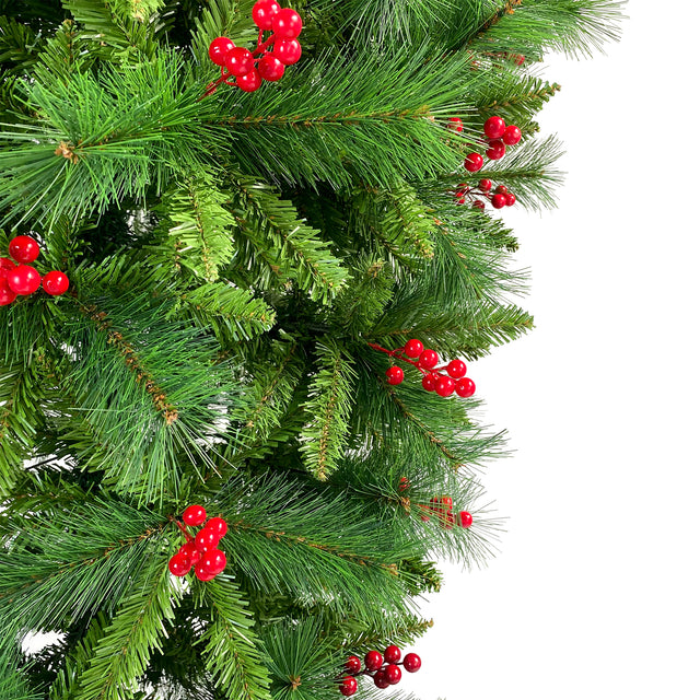 GO 7.4 ft Upside Down Green Christmas Tree Hinged Spruce Full Tree, 1500 branch tips, with Red Artificial Berries, PVC Pine Needles, Artificial Holiday Christmas Pine Tree for Home, Office, Party.