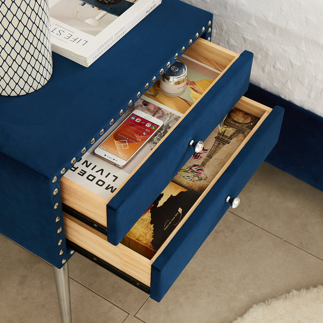 B109 King bed with two nightstands,Beautiful brass studs adorn the headboard, strong wooden slats + metal legs with Electroplate