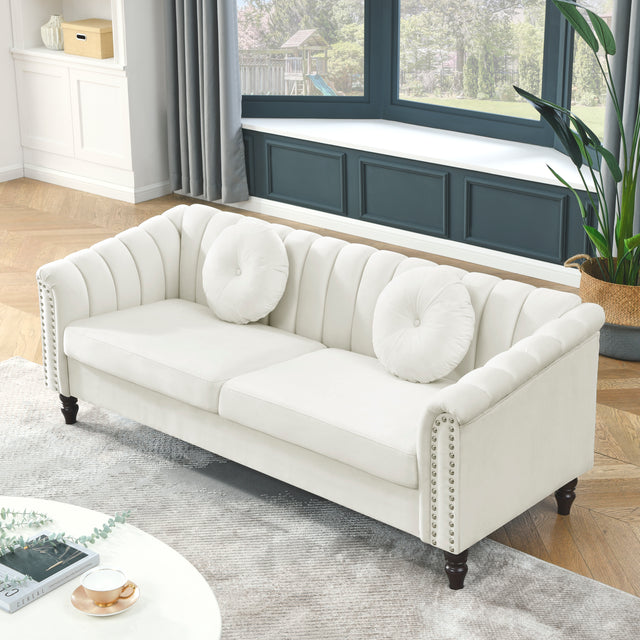 MH Modern Velvet Upholstered Sofa Couch, 3 Seat Tufted Back with Nail Arms with 2 pillows, Solid wood Legs, Sleeper Sofa for Living Room, Compact Living Space, Apartment, Bonus Room