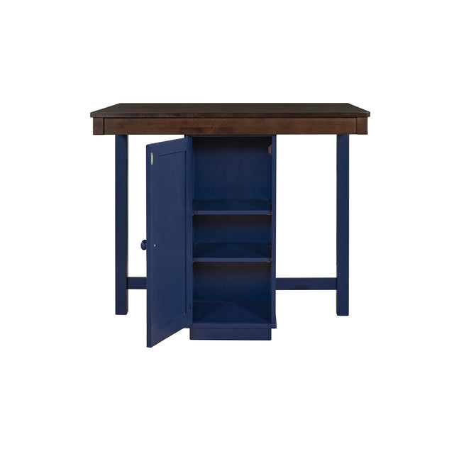 TOPMAX Farmhouse Counter Height Dining Table, Square Wood Table with 3-Tier Adjustable Storage Shelves and Wine Racks for Small Spaces, Brown and Blue