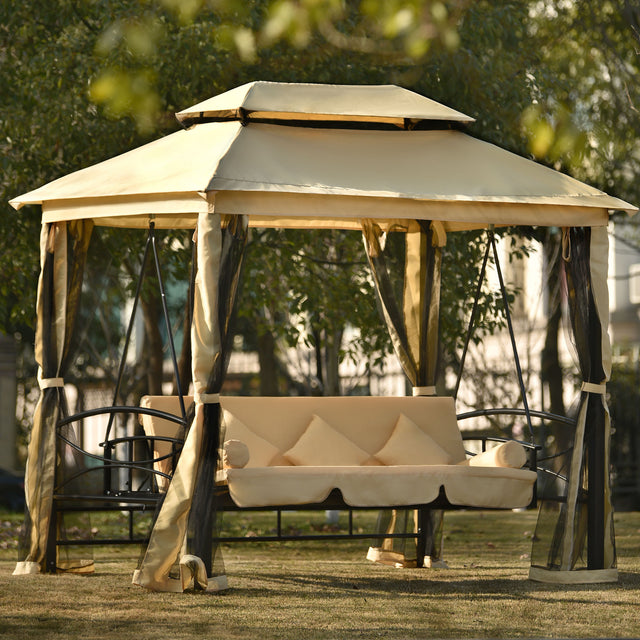 [VIDEO provided] U_STYLE 8.9 Ft. W x 5.9 Ft. D Outdoor Gazebo with Convertible Swing Bench, Double Roof Soft Canopy Garden Backyard Gazebo with Mosquito Netting Suitable for Lawn, Garden, Backyard