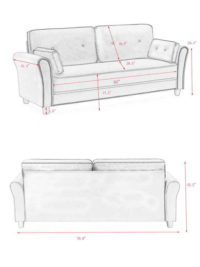 2067 Sofa Armrest with Nail Head Trim Backrest with Buttons Includes Two Pillows 79" Blue Velvet Living Room Apartment Sofa