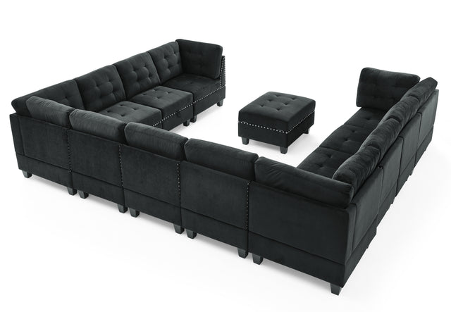 U shape Modular Sectional Sofa，DIY Combination，includes Seven Single Chair， Four Corner and One Ottoman，Black Velvet.