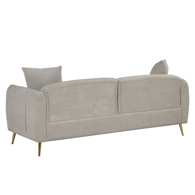 77.5" Velvet Upholstered Sofa with Armrest Pockets,3-Seat Couch with 2 Pillows and Golden Metal Legs for Living Room,Apartment,Home Office,Gray