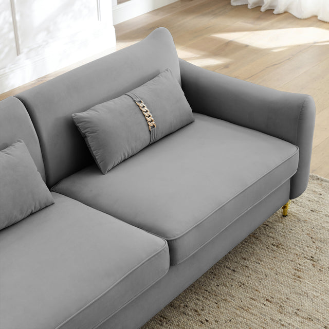 80.3" Modern Sofa Couch Upholstered Sofa Tufted Back Comfy Velvet Long Couch with 2 Pillows and Golden Legs for Living Room, Bedroom, Office, Apartment, Grey