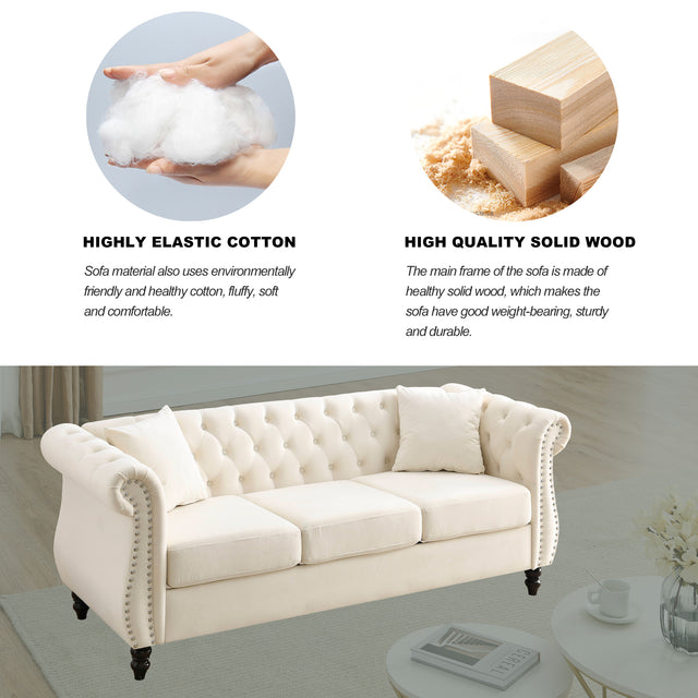 [Video] 80" Chesterfield Sofa Beige Velvet for Living Room, 3 Seater Sofa Tufted Couch with Rolled Arms and Nailhead for Living Room, Bedroom, Office, Apartment, two pillows