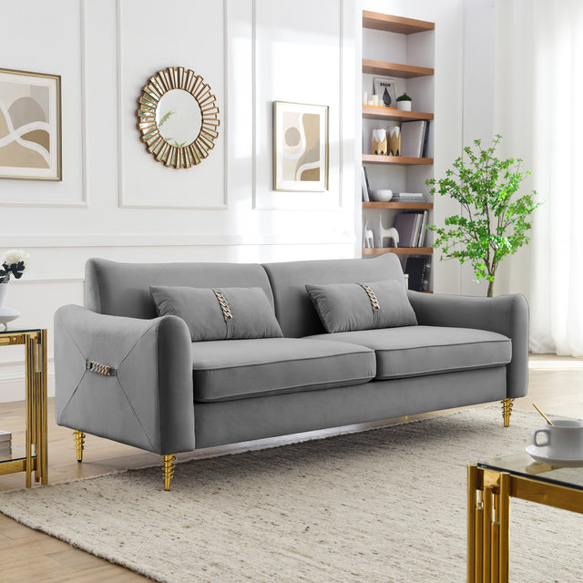 80.3" Modern Sofa Couch Upholstered Sofa Tufted Back Comfy Velvet Long Couch with 2 Pillows and Golden Legs for Living Room, Bedroom, Office, Apartment, Grey