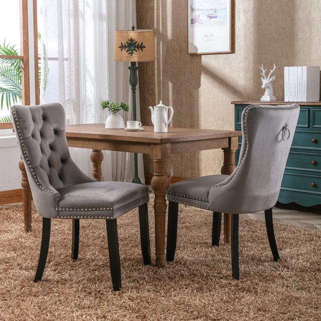 Nikki Collection Modern, High-end Tufted Solid Wood Contemporary Velvet Upholstered Dining Chair with Wood Legs Nailhead Trim 2-Pcs Set，Gray，SW8801GY
