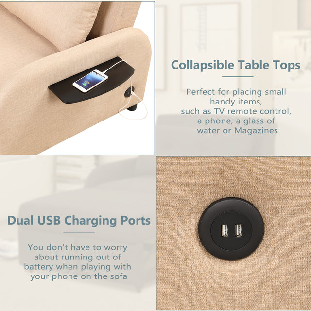 pull out sofa sleeper 3 in 1 with 2 wing table and usb charge for nap line fabric for living room recreation room Beige