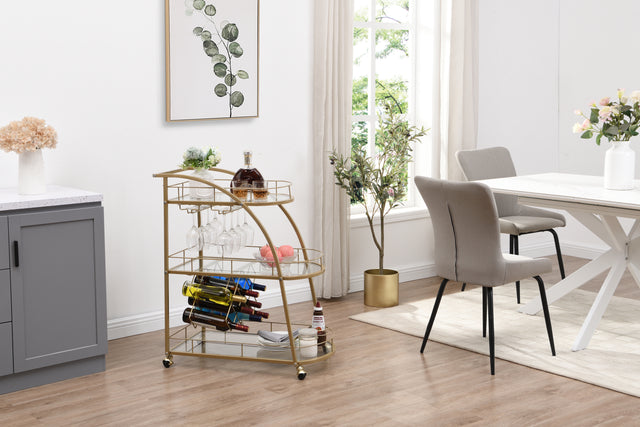 Golden Mobile Bar Cart Serving Wine Cart with Wheels, 3-tier Metal Frame Elegant Wine Rack for Kitchen, Party, Dining Room and Living Room