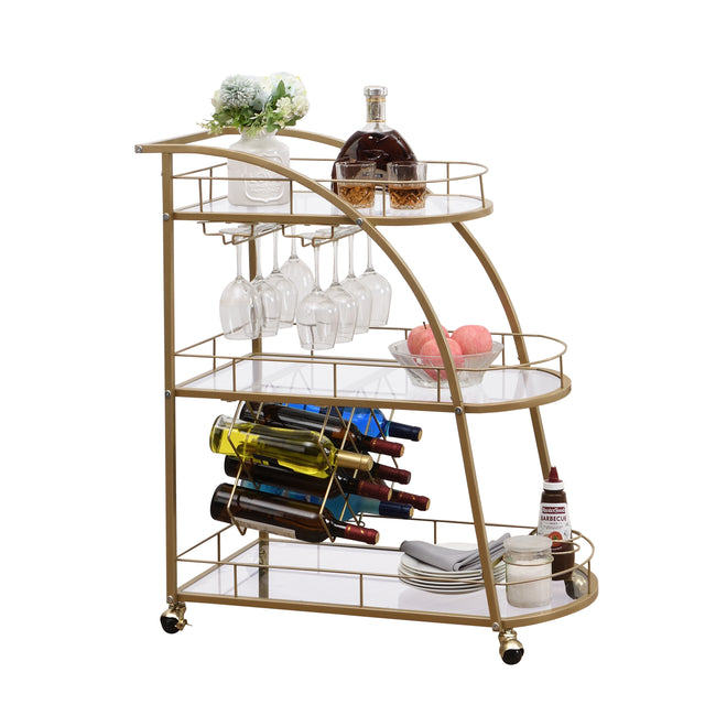 Golden Mobile Bar Cart Serving Wine Cart with Wheels, 3-tier Metal Frame Elegant Wine Rack for Kitchen, Party, Dining Room and Living Room