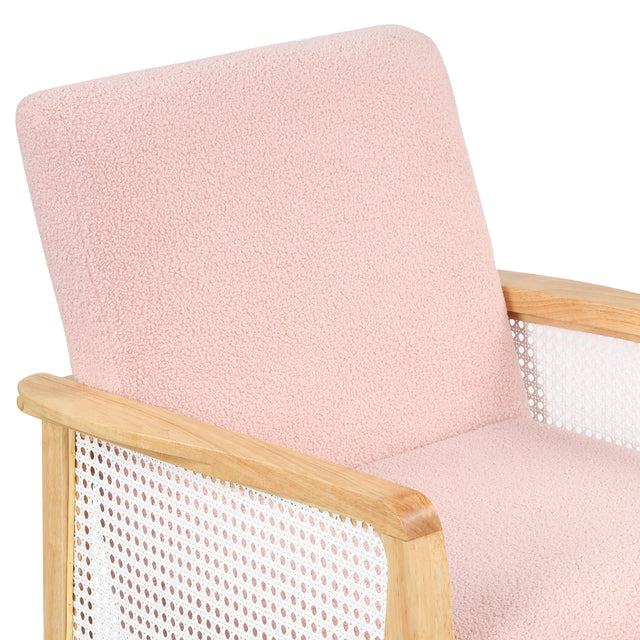 【EAT 3.10】Mid-Century Armchair Rattan Mesh Upholstered Accent Chair,Teddy Short Plush Particle Velvet Armchair for Living Room,Bedroom, Office, Studio,Pink