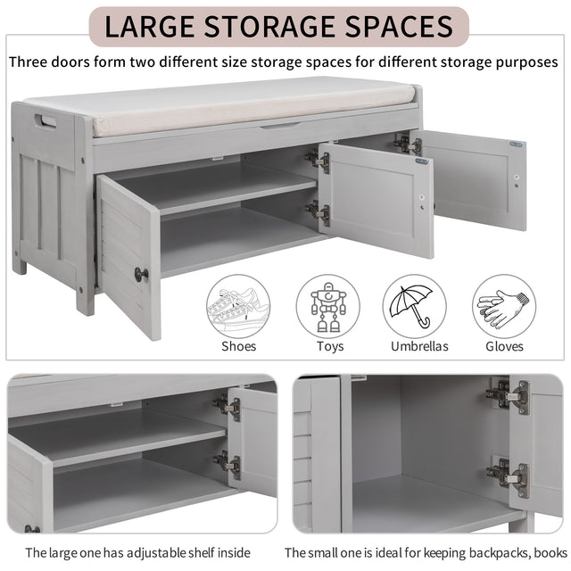 TREXM  Storage Bench with 3 Shutter-shaped Doors,  Shoe Bench with Removable Cushion and Hidden Storage Space (Gray Wash)