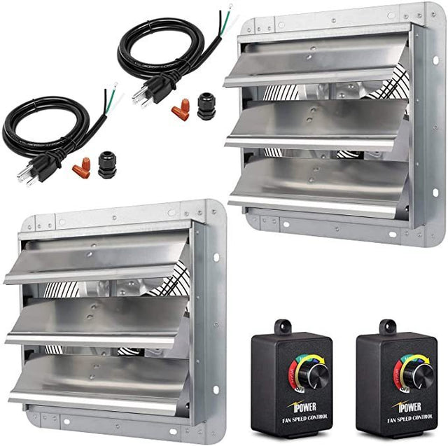 iPower 10 Inch Shutter Exhaust Fan Aluminum Controller and Power Cord Kit,High Speed 1650RPM, 820CFM, 2-Pack, Silver, With Speed Control