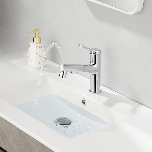 Single Hole Bathroom Faucet with Pull Out Sprayer, Dual Spray Modes, Solid Brass Polished Chrome Bathroom Faucet for Sink, Modern One Handle Bath Vanity Faucet with Face Basin Mixer Tap\\nVisit the YI