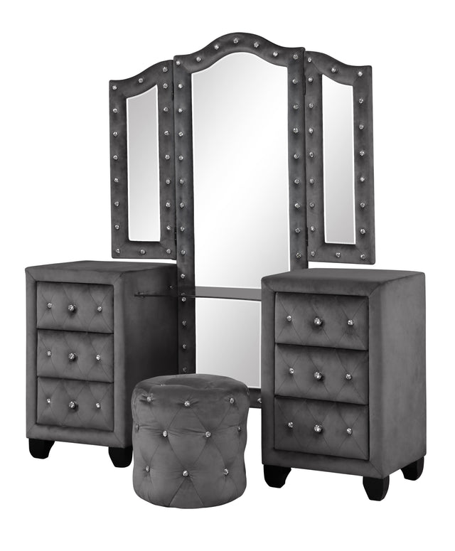 Nora Queen 5 Pc Vanity Tufted Storage Bedroom Set made with Wood in Gray