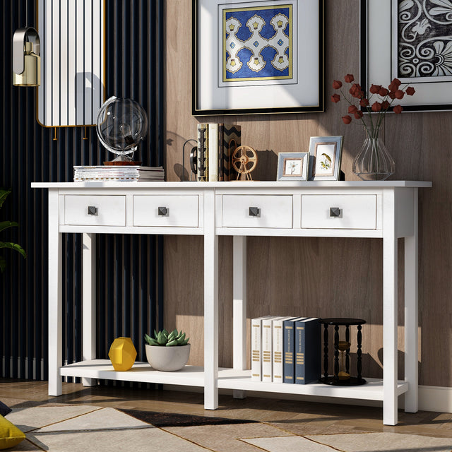TREXM Rustic Brushed Texture Entryway Table Console Table with Drawer and Bottom Shelf for Living Room（Ivory White）