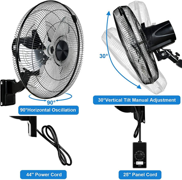 HealSmart 18 Inch Household Commercial Wall Mount Fan, 90 Degree Horizontal Oscillation, 5 Speed Settings, Black, 1-Pack