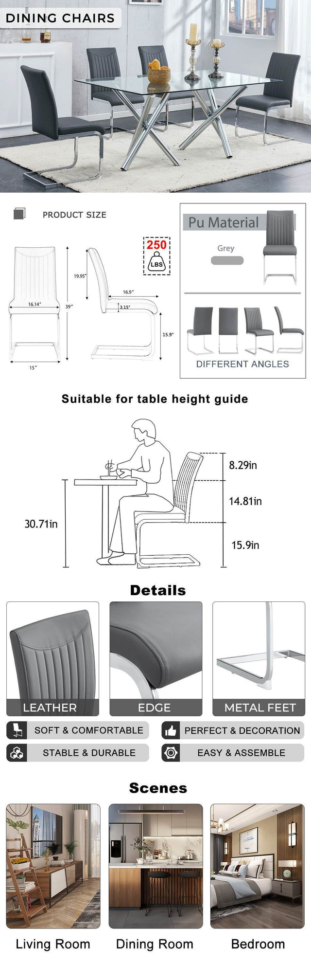 Modern Dining Plating leg Dining chair Chair, PU  Leather High Back Cushion Side  Chair with Vertical stripe backrest pattern for Dining Room Kitchen Vanity Patio Office Chair (Set of 4) (Grey+PU)