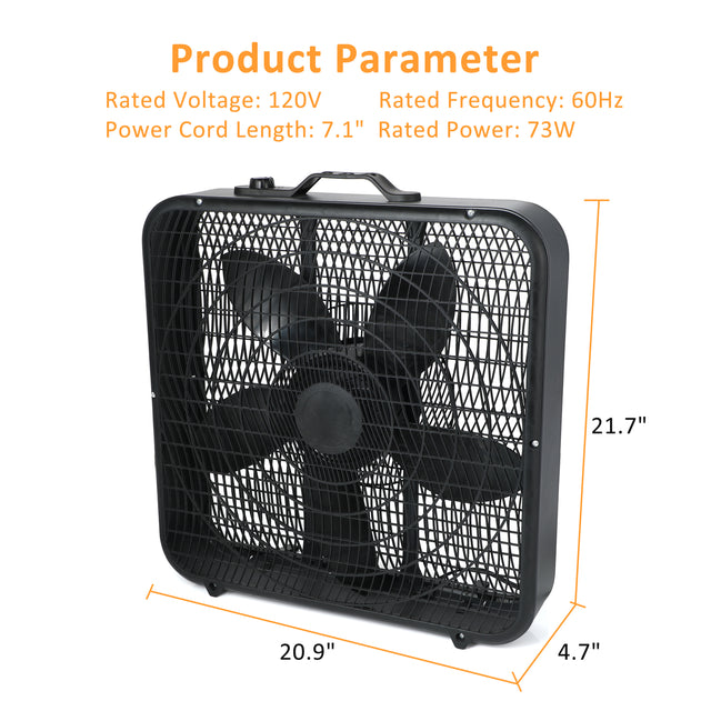 InfiniPower 20” Box Fan, 3-Speed Cooling Table Fan with Aerodynamic Shaped Fan Blades, Convenient Carry Handle and Safety Grills, For Home Office Color: Black