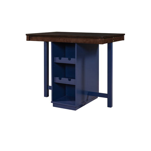 TOPMAX Farmhouse Counter Height Dining Table, Square Wood Table with 3-Tier Adjustable Storage Shelves and Wine Racks for Small Spaces, Brown and Blue