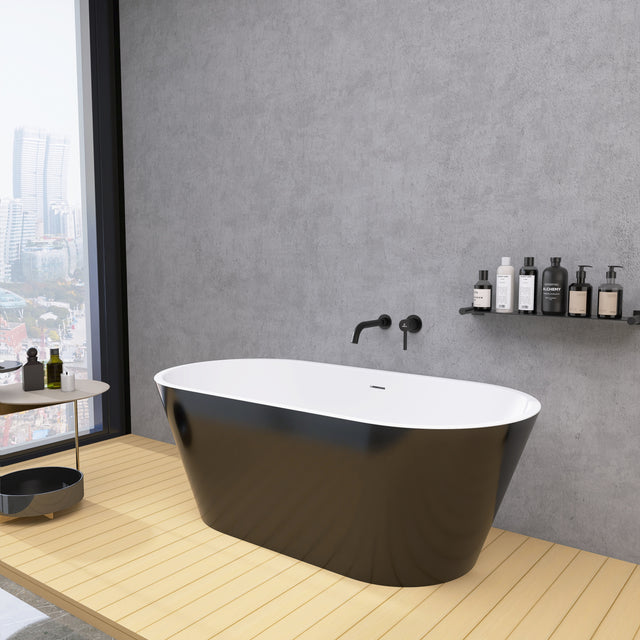 59" Acrylic Free Standing Tub - Classic Oval Shape Soaking Tub, Adjustable Freestanding Bathtub with Integrated Slotted Overflow and Chrome Pop-up Drain Anti-clogging Gloss Black