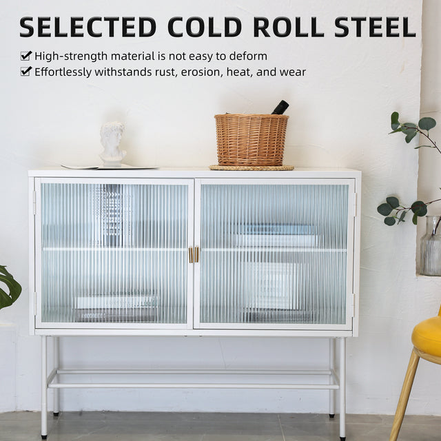 White Sideboard Storage Cabinet With Two Fluted Glass Doors Detachable Shelves Bottom Space for Living Room, Office, Dinging Room and Entryway