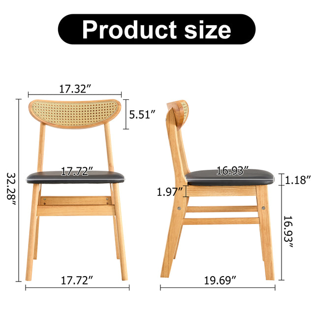 Solid Wood Dining Chair Stylish and Durable Small with Curved Backrest, PU+Foam Cushion, and Plastic Rattan Surface - Perfect for Any Room Décor and Daily Use