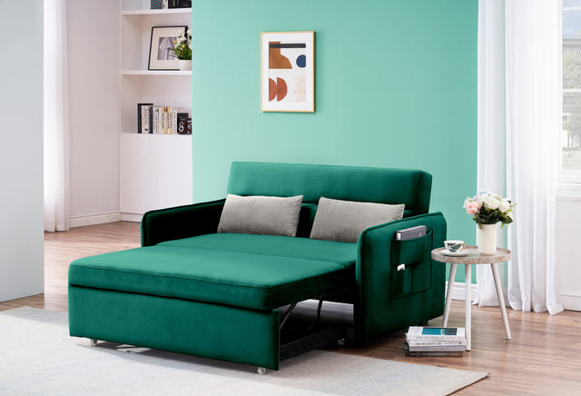 2120 Sofa Pull Out Bed Included Two Pillows 54" Green Velvet Sofa for Small Spaces