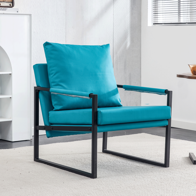PU Leather Accent Arm Chair Mid Century Modern Upholstered Armchair with Metal Frame Extra-Thick Padded Backrest and Seat Cushion Sofa Chairs for Living Room ( Cyan PU Leather + Metal + Foam )