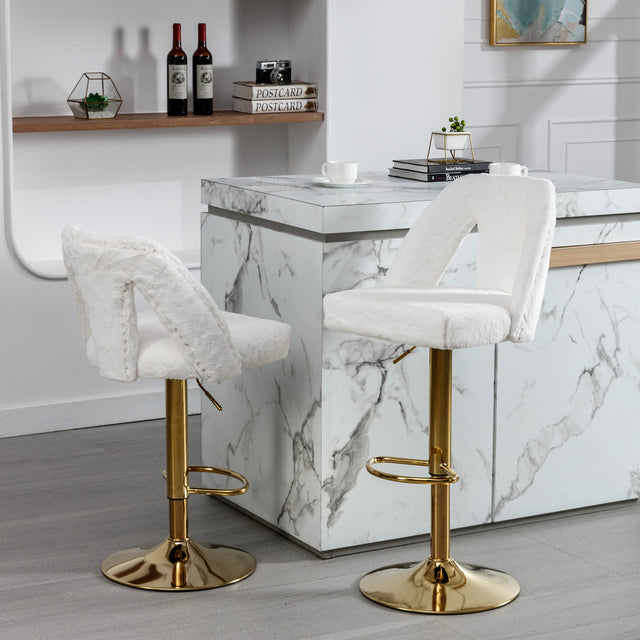 Golden Swivel Velvet Barstools Adjusatble Seat Height from 25-33 Inch, Modern Bar Stool & Counter Stools with Nailheads for Home Pub and Kitchen Island,Set of 2, Faux White Rabbit Hair