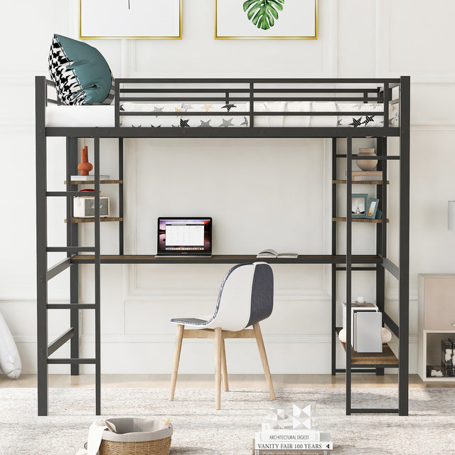 Full Size Loft Metal&MDF Bed with Long Desk and Shelves,Black(OLD SKU:SM000608AAB-1)