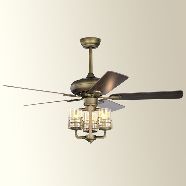 52inch Bronze Metal 3 Lights Ceiling Fan with 5 Wood Blades, Two-color fan blade, AC Motor, Remote Control, Reversible Airflow, Multi-Speed, Adjustable Height, Traditional Ceiling Fan