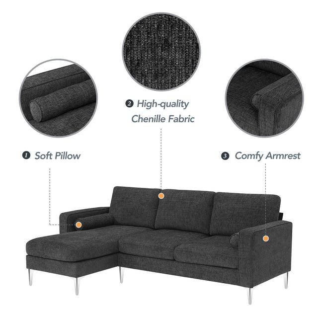 [VIDEO provided] [New]86" Convertible Sectional Sofa, Modern Chenille Fabric Sectional Sofa,  L-Shaped Couch 3-Seat Sofa Sectional with Reversible Chaise (2 Pillows)