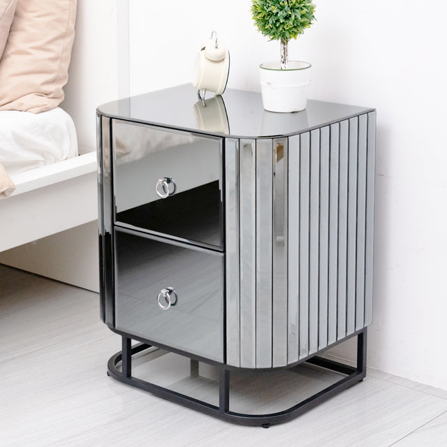 Mirrored Nightstand, Mirrored Bedside Table, Grey End Table for Bedroom, Living Room (Black Iron Frame)