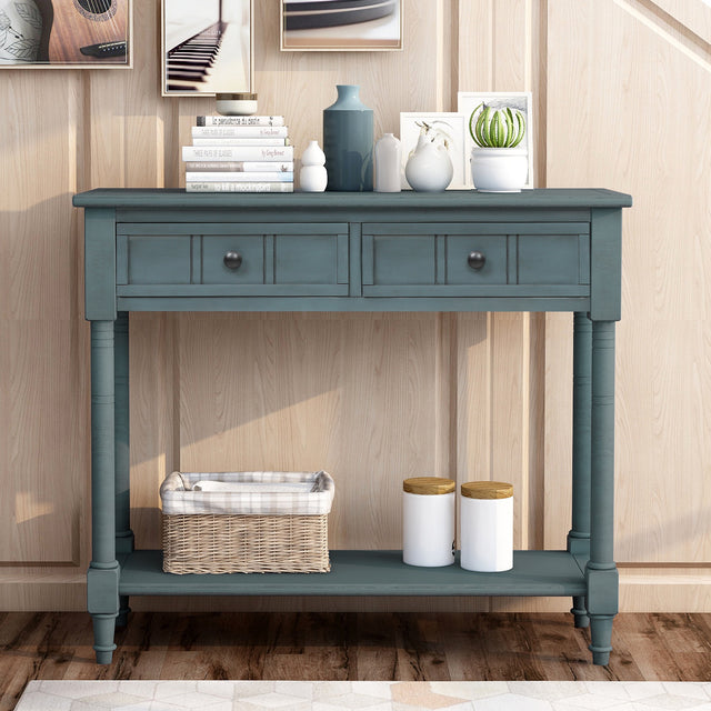 TREXM Daisy Series Console Table Traditional Design with Two Drawers and Bottom Shelf (Navy)