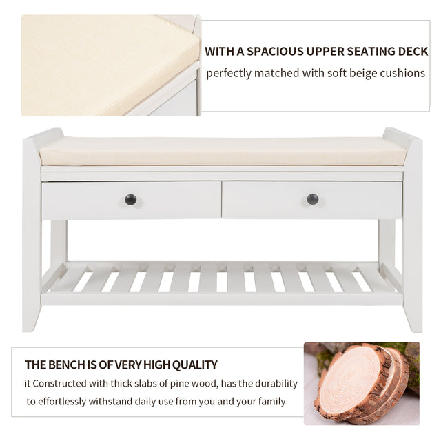 TREXM  Shoe Rack with Cushioned Seat and Drawers, Multipurpose Entryway Storage Bench (White)