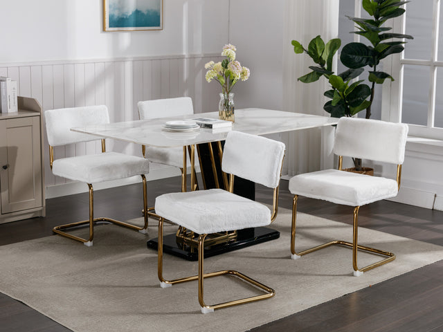 A&A Furniture,Modern Dining Chairs with Artificial Rabbit Hair,Gold Metal Base, Accent Armless Kitchen Chairs with Channel Tufting, Upholstered Fake Fur Fabric Side Chairs, Set of 2, White