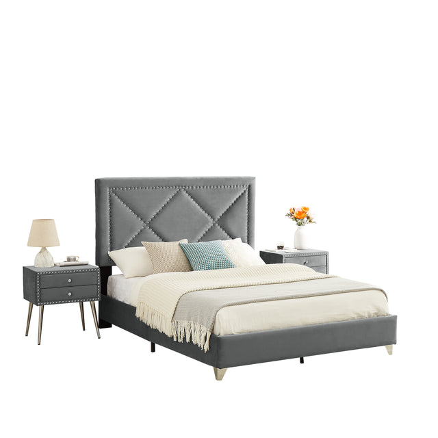 B109 Queen bed with two nightstands,Beautiful brass studs adorn the headboard, strong wooden slats + metal legs with Electroplate