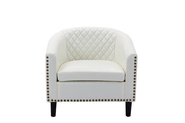 COOLMORE accent Barrel chair living room chair with nailheads and solid wood legs  white  pu leather