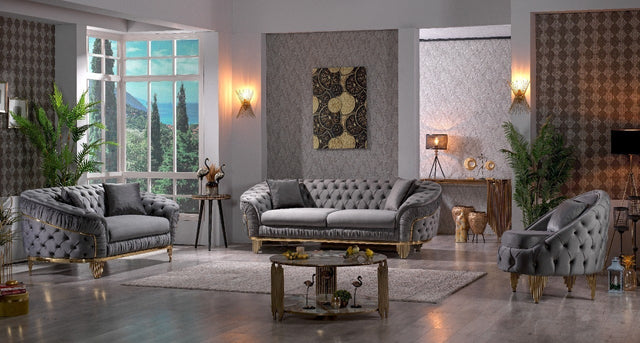 Vanessa Loveseat Livingroom Set in Grey and Gold with Fabric button-tufted velvet upholstery Finish