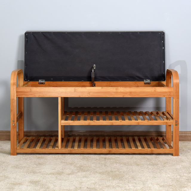 Living Room Bamboo Storage Bench， Entryway 3 Shelves Bench with flip storage compartment 39.37 x 13 x 19.88 inch