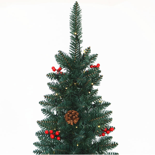 Artificial Slim Christmas Tree Pre-lit Pencil Feel Real Skinny Fir Tree with Cones and Berries 7.5ft foldable metal stand