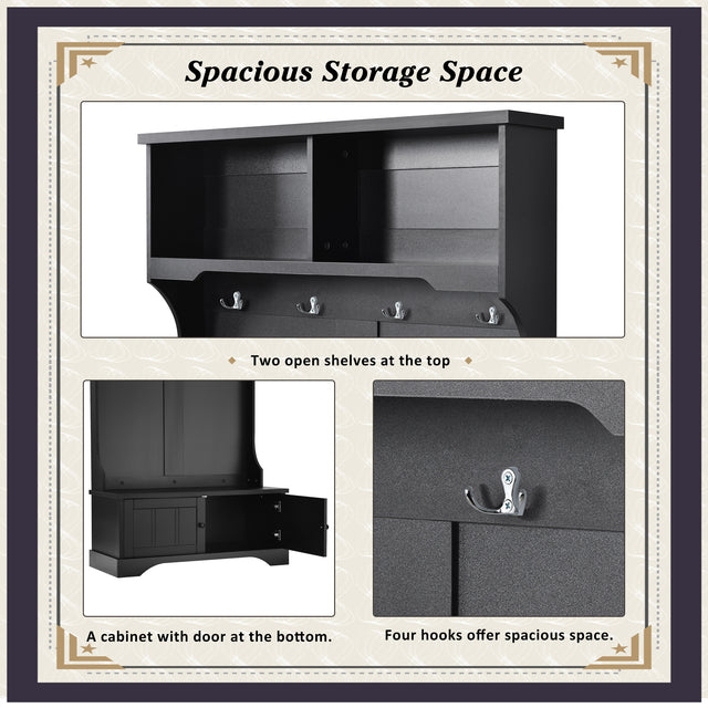 ON-TREND Hall Tree Entryway Bench with Shelves Cabinet and Four Hooks, 3-in-1 Design, Black